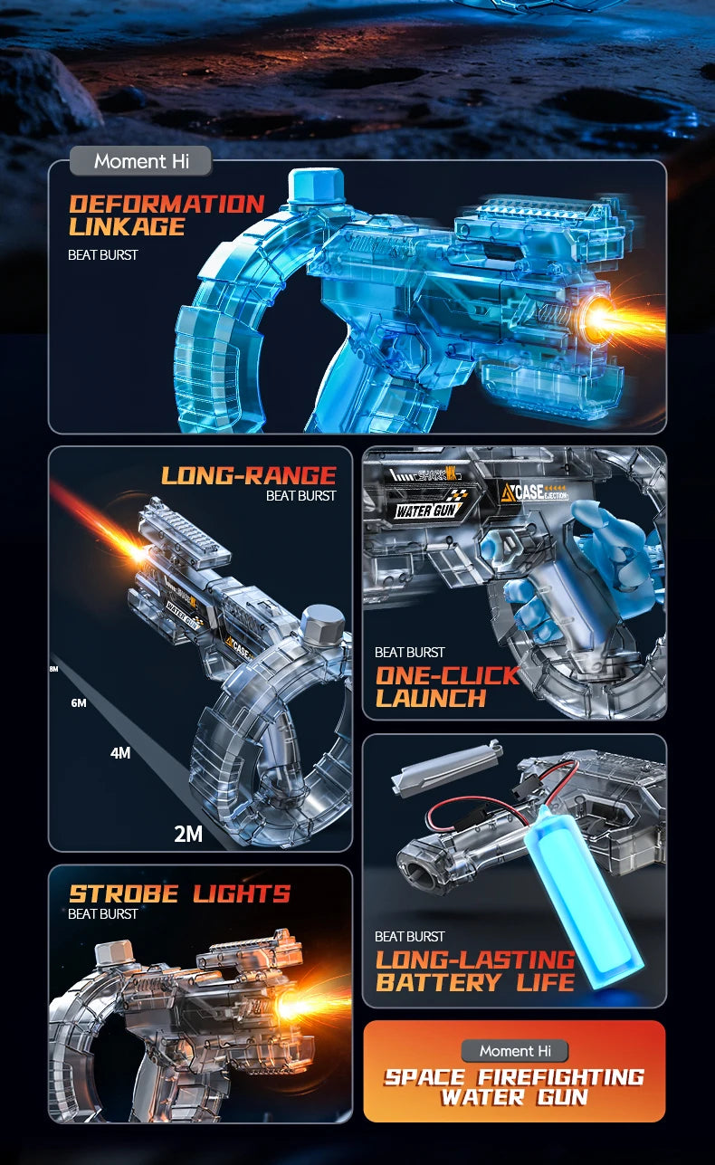 Auto Electric Water Gun LED Flame Focus Ring Space Blaster Large Capacity Rechargeable Rapid Fire Summer Pool Toy for Kids boys